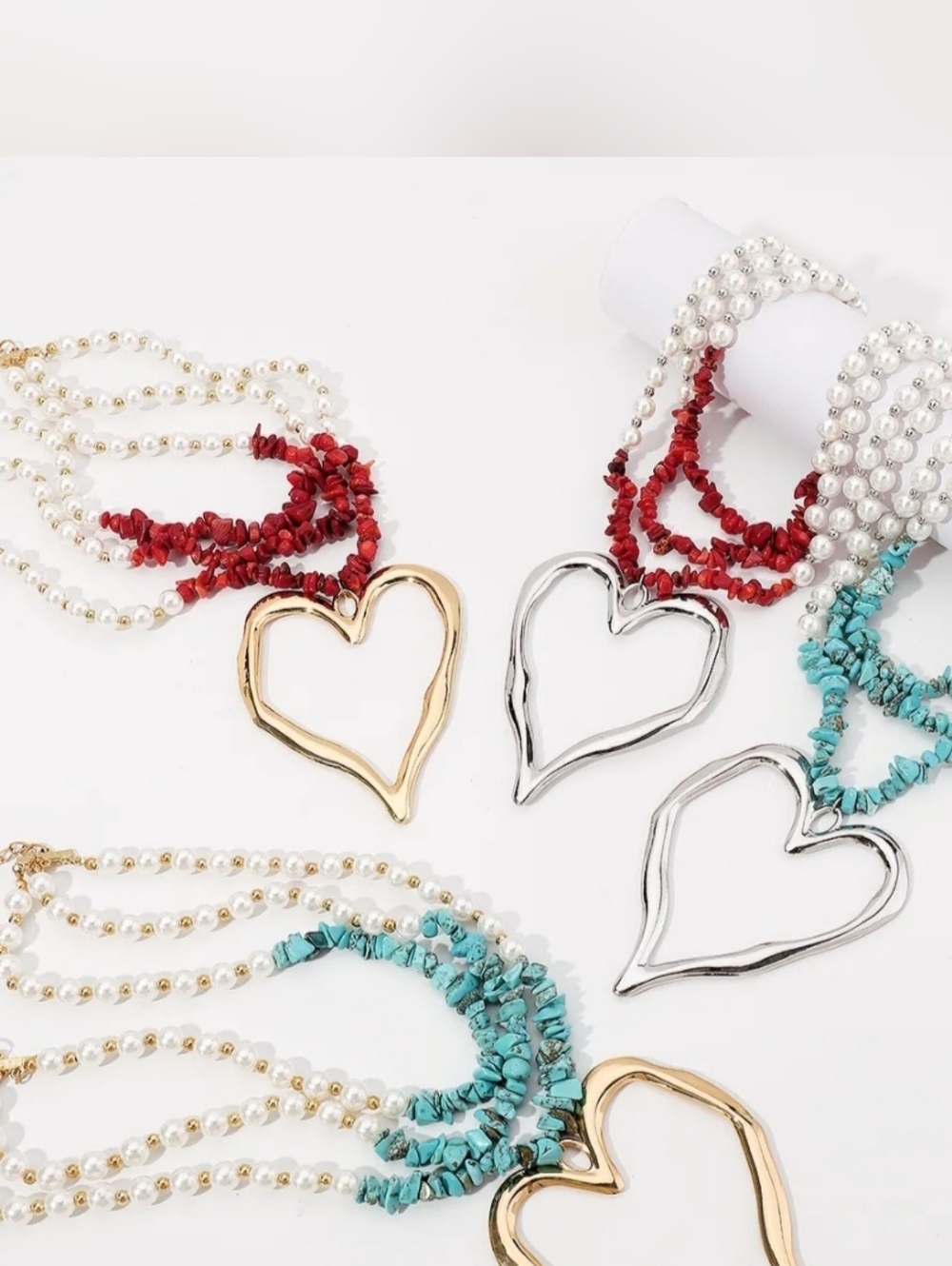 Gold Heart Pendant Necklace with Faux Red Coral & Simulated Pearls - Picture 12 of 15